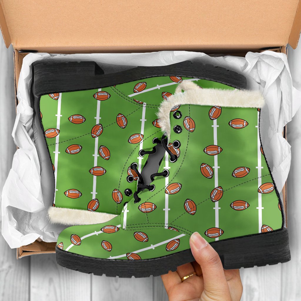 American Football on Field Themed Print Faux Fur Leather Boots-JTAMIGO.COM