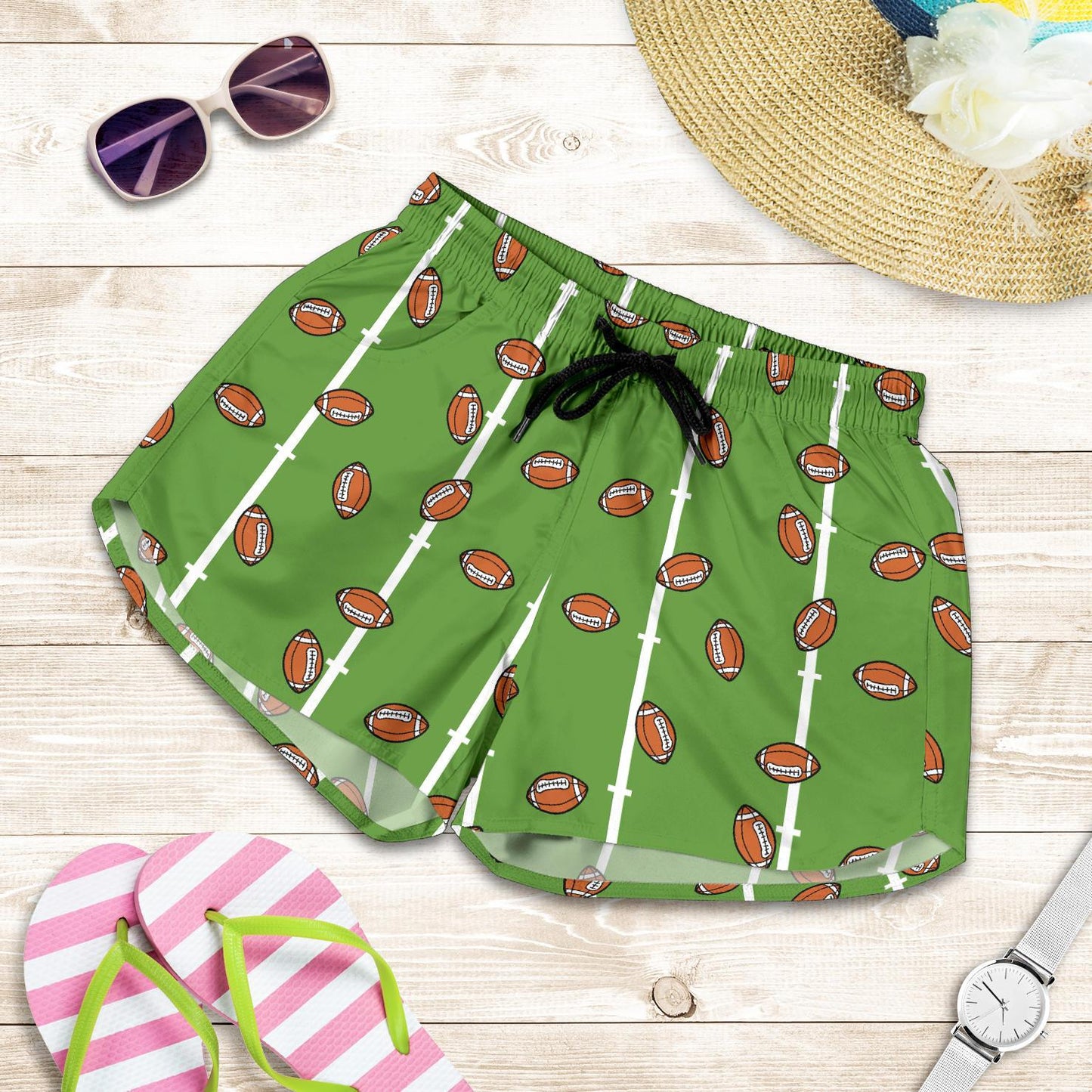 American Football on Field Themed Print Women Shorts-JTAMIGO.COM