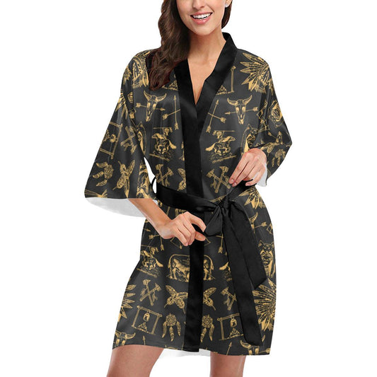 American indian Gold Style Women Short Kimono Robe