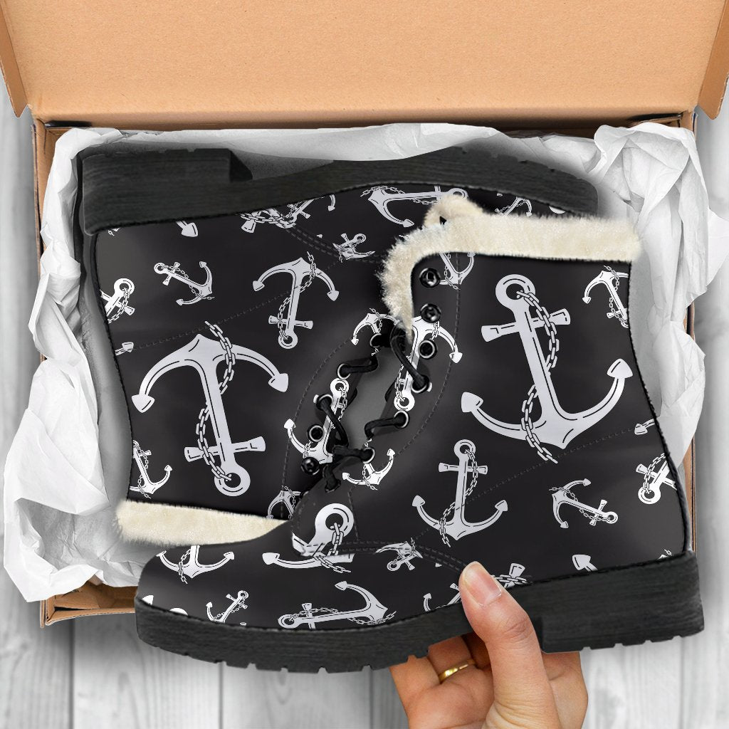 Anchor Black White Faux Fur Leather Boots-JTAMIGO.COM