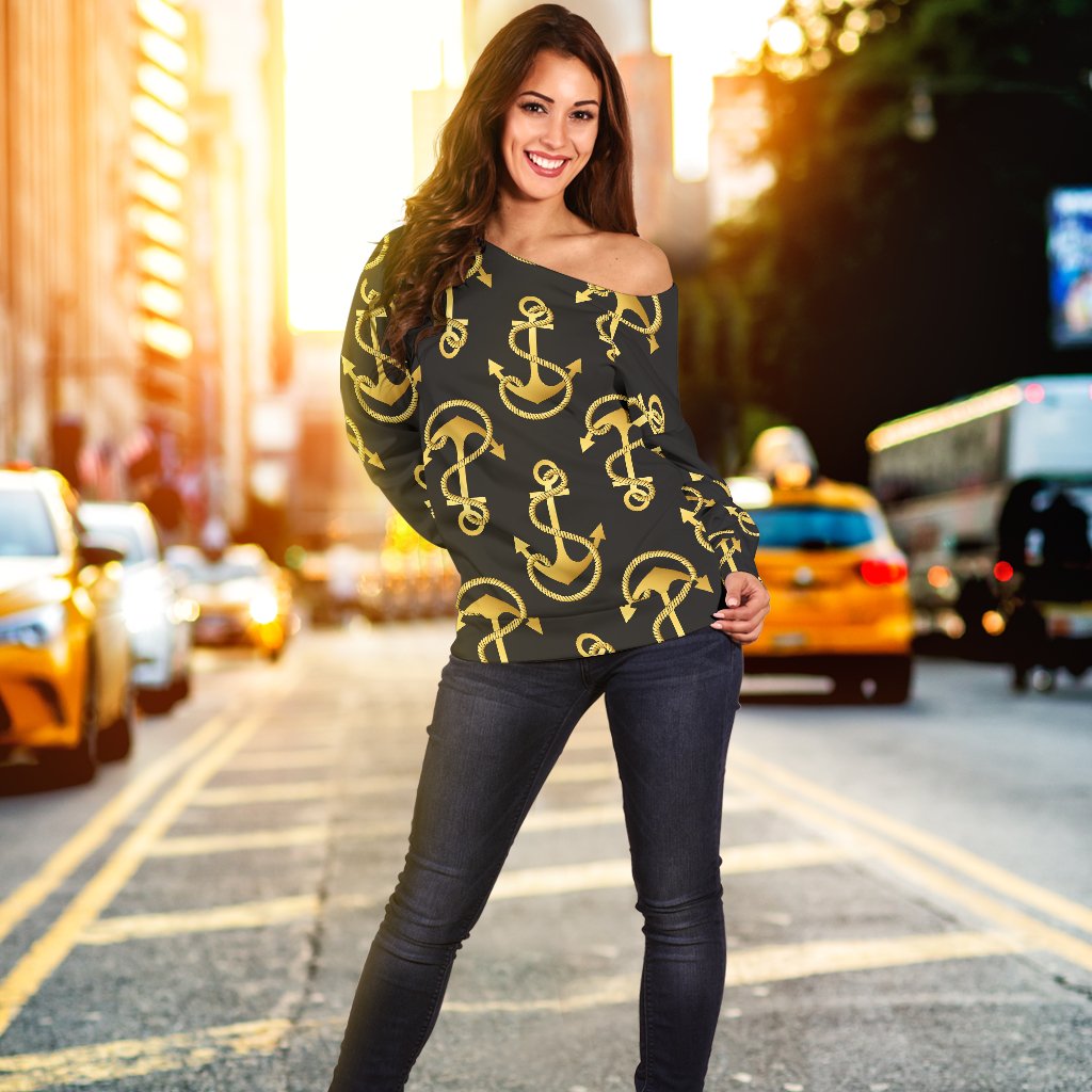 Anchor Gold Pattern Off Shoulder Sweatshirt