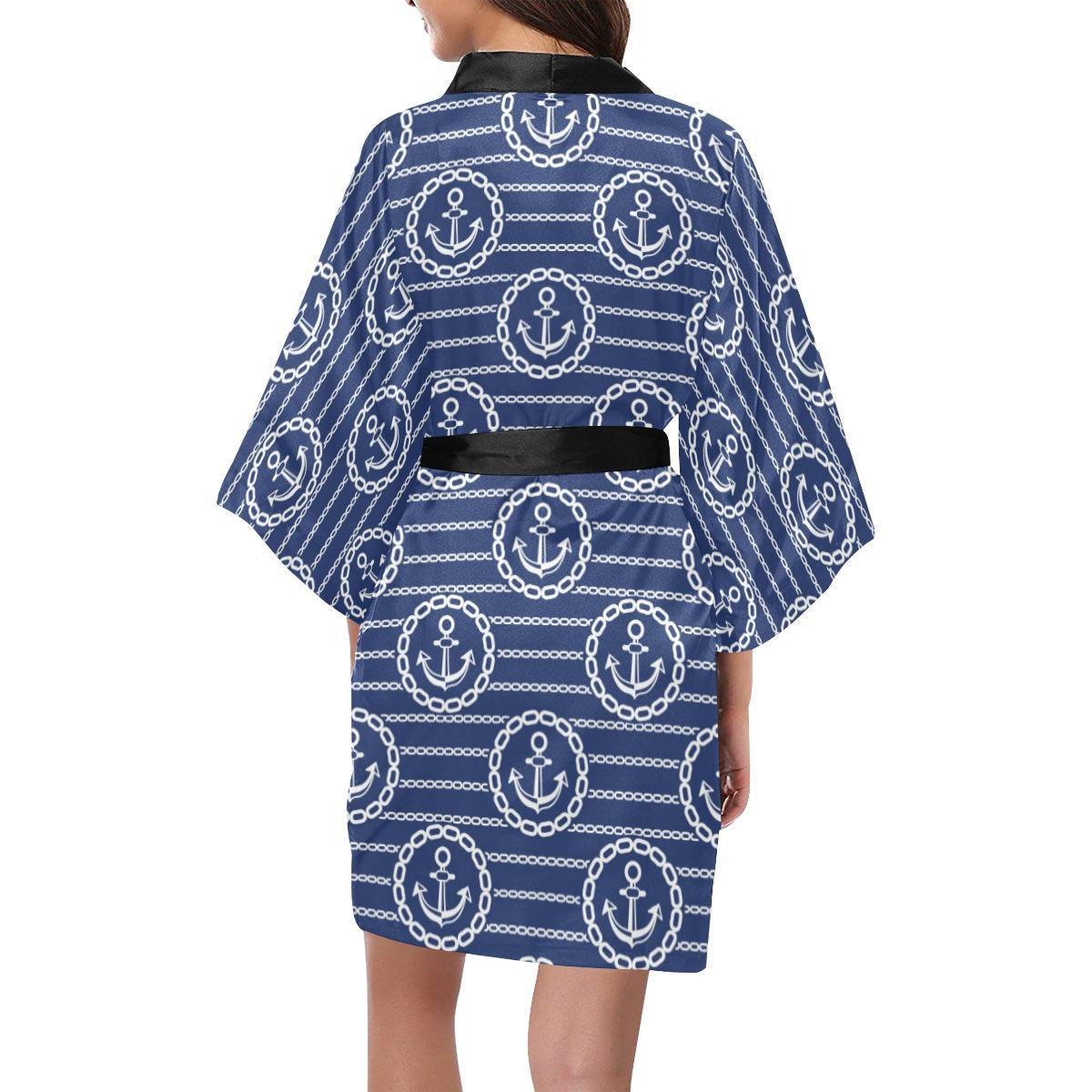 Anchor Stripe Pattern Women Short Kimono Robe
