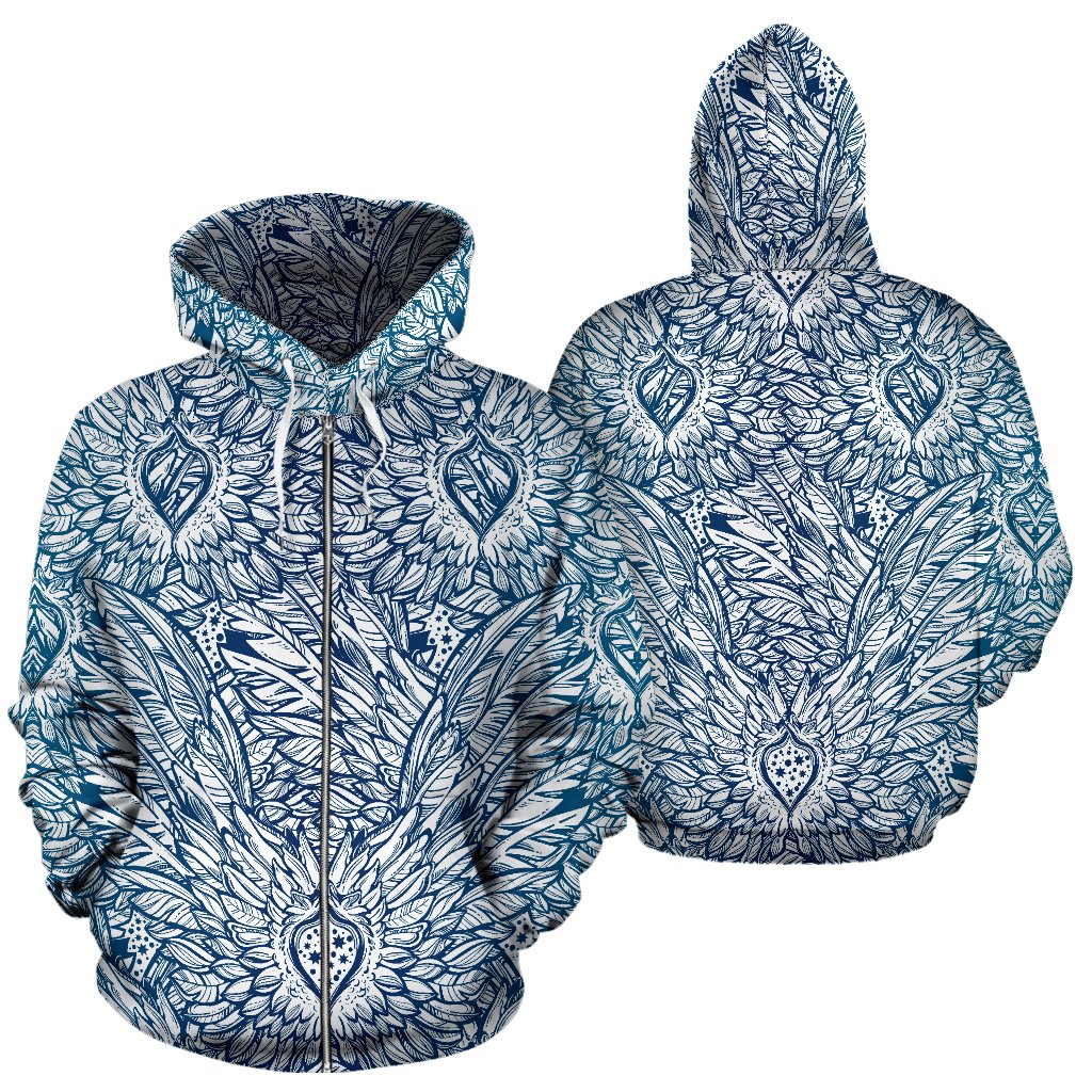 Angel Wings Boho Design Themed Print Zip Up Hoodie