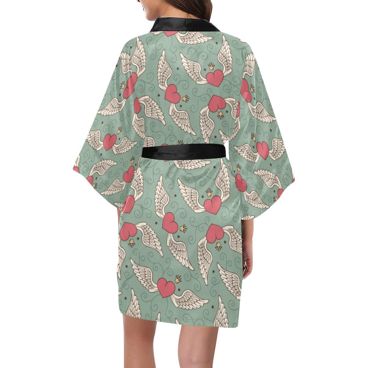 Angel Wings Heart Design Themed Print Women Short Kimono Robe