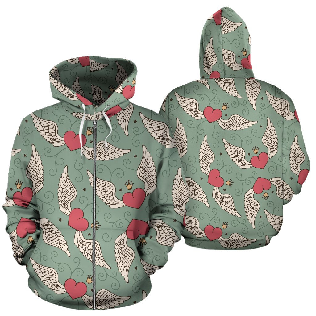 Angel Wings Heart Design Themed Print Zip Up Hoodie