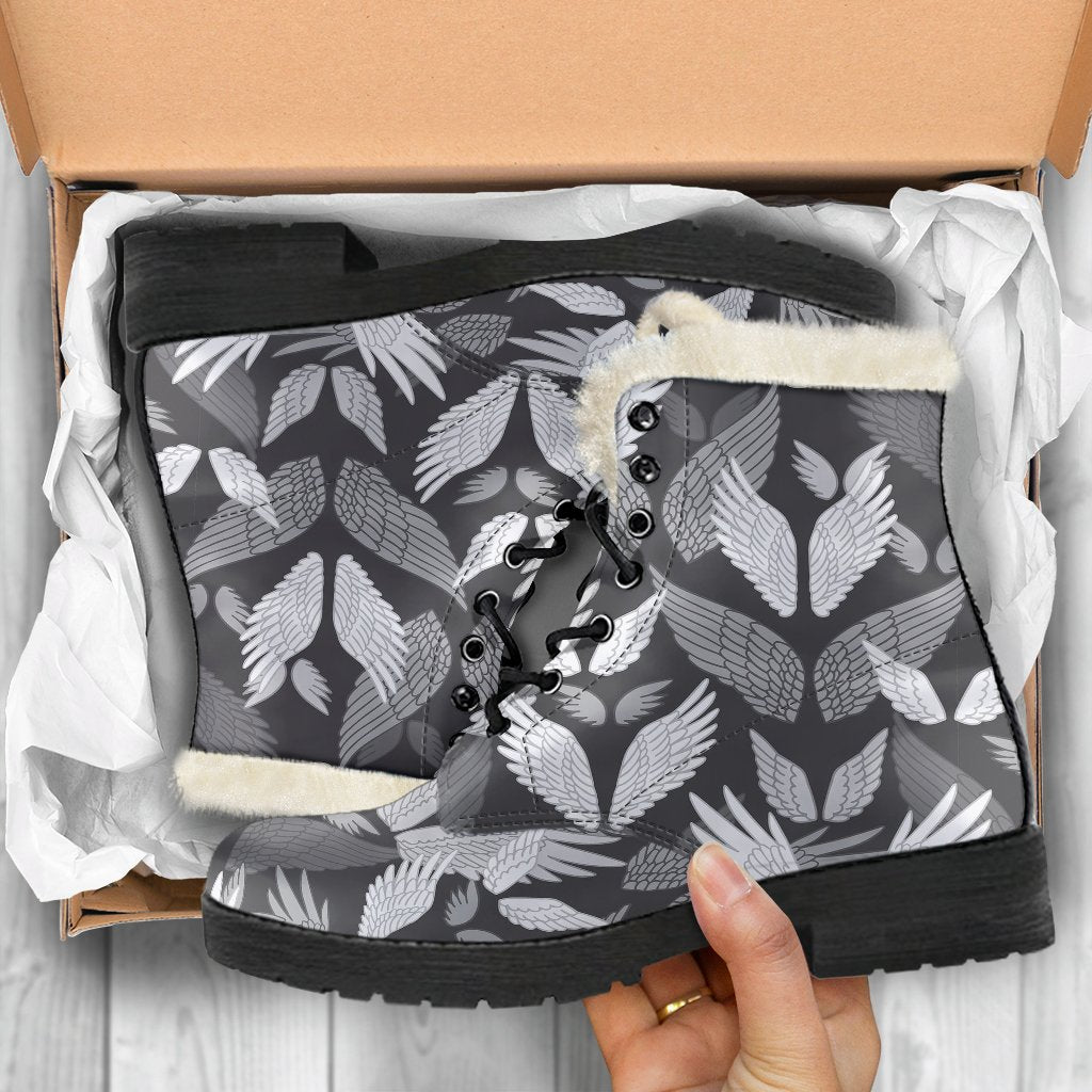 Angel Wings Pattern Design Themed Print Faux Fur Leather Boots-JTAMIGO.COM