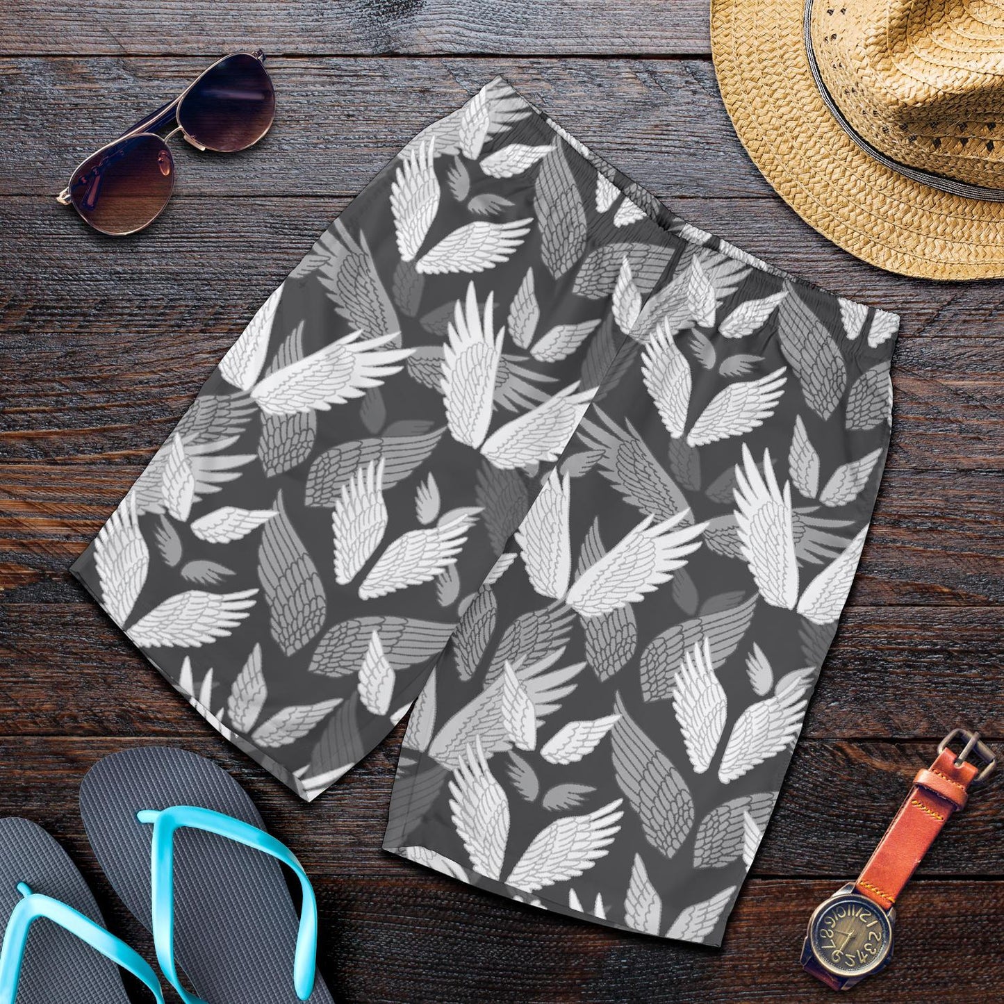 Angel Wings Pattern Design Themed Print Mens Shorts-JTAMIGO.COM