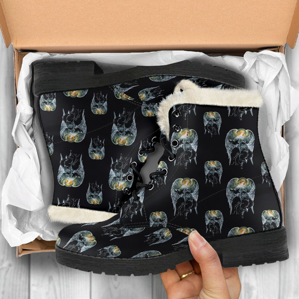 Angel with Wings Cute Design Print Faux Fur Leather Boots-JTAMIGO.COM