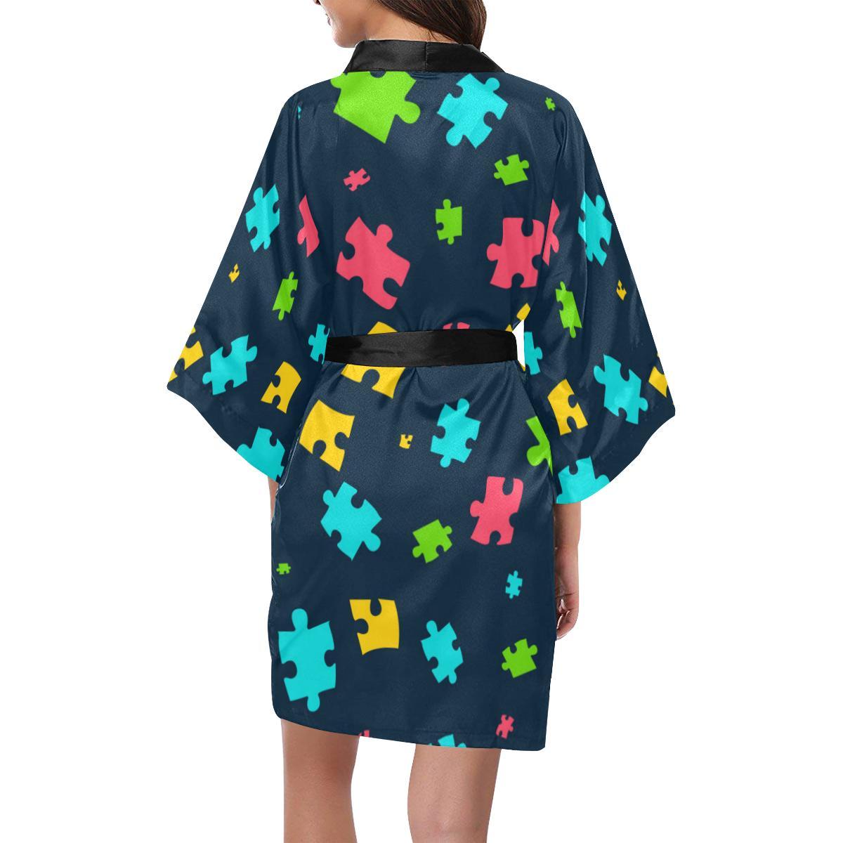 Autism Awareness Colorful Design Print Women Short Kimono Robe