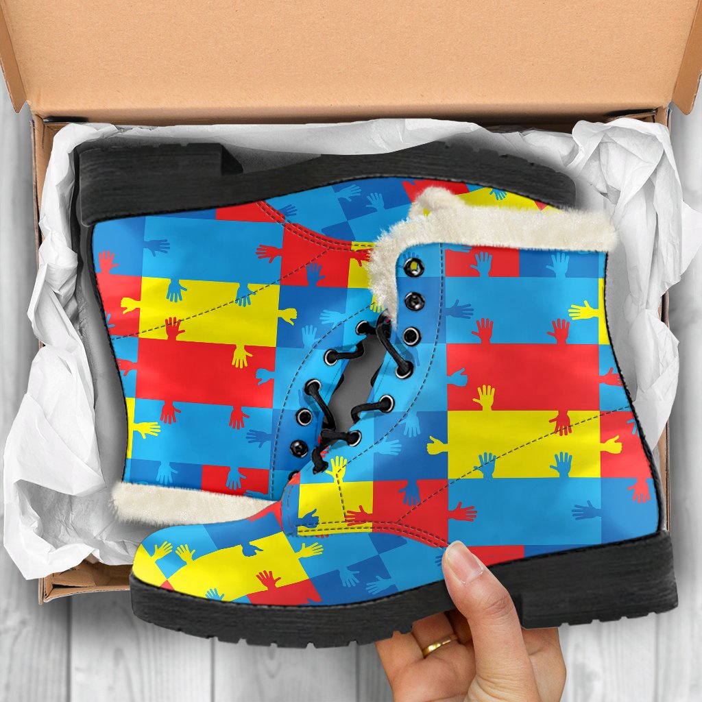 Autism Awareness Design Themed Print Faux Fur Leather Boots-JTAMIGO.COM