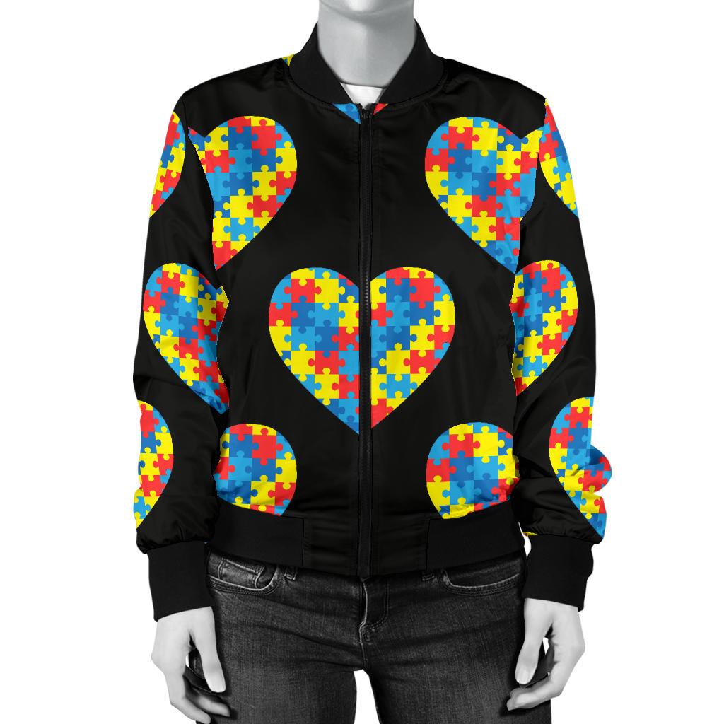 Autism Awareness Heart Design Print Women Casual Bomber Jacket