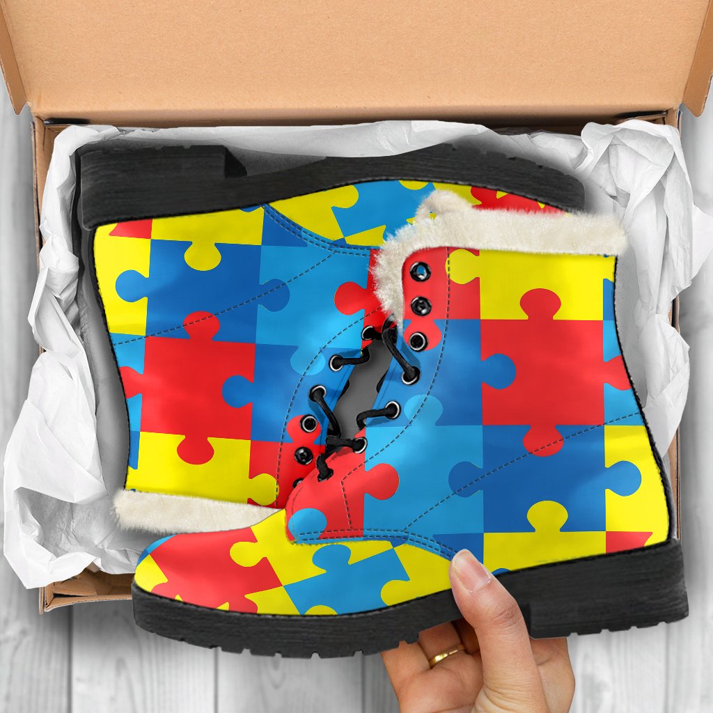 Autism Awareness Puzzles Design Print Faux Fur Leather Boots-JTAMIGO.COM