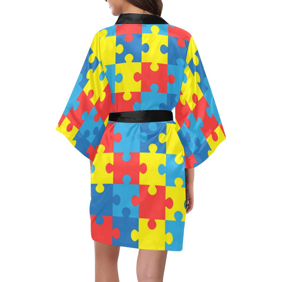 Autism Awareness Puzzles Design Print Women Short Kimono Robe