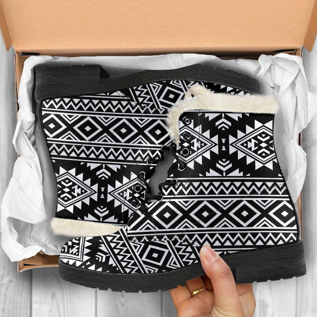 Aztec Black White Print Pattern Faux Fur Leather Boots-JTAMIGO.COM