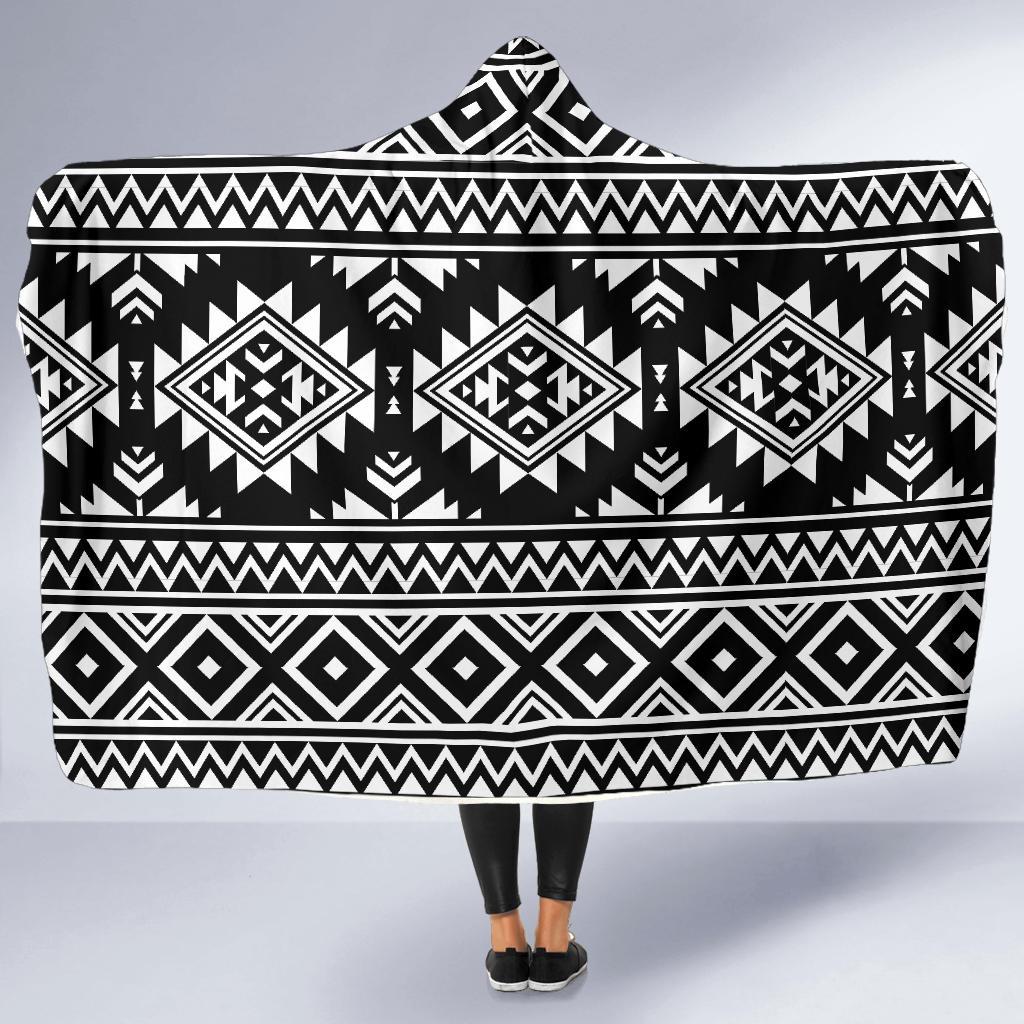 Aztec Black White Print Pattern Hooded Blanket-JTAMIGO.COM