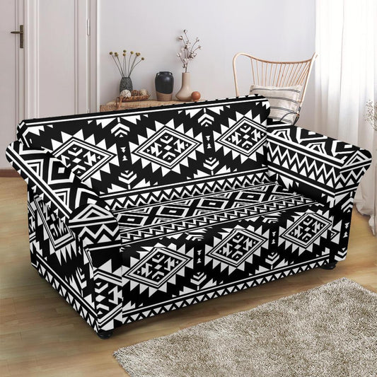 Aztec Black White Print Pattern Loveseat Slipcover-JTAMIGO.COM