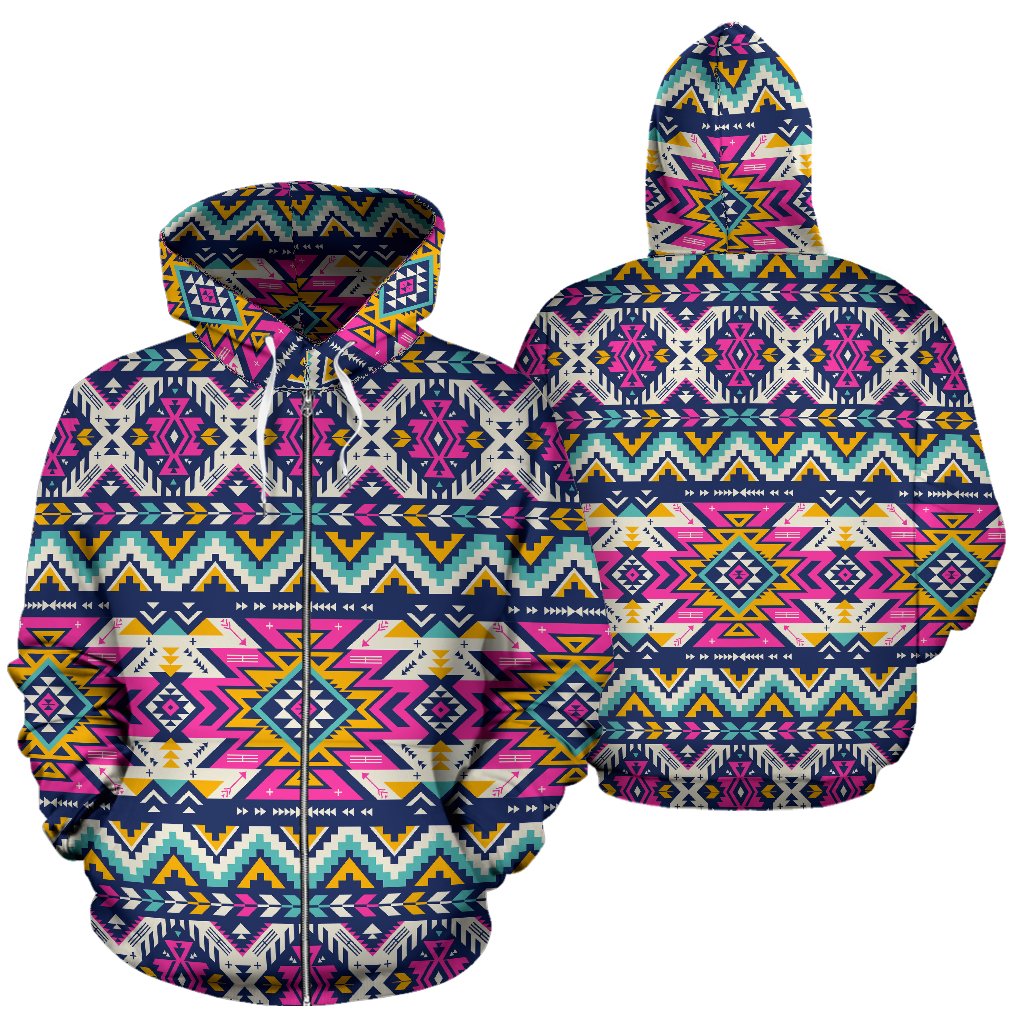 Aztec Pink Geometric Print Pattern Zip Up Hoodie