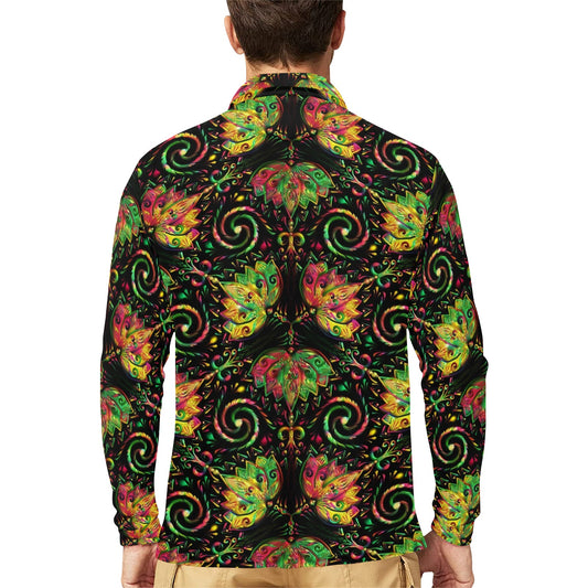 lotus Boho Pattern Print Design LO09 Long Sleeve Polo Shirt For Men's