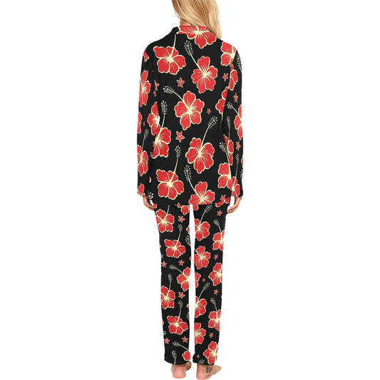 Red Hibiscus Pattern Print Design HB021 Women's Long Pajama Set