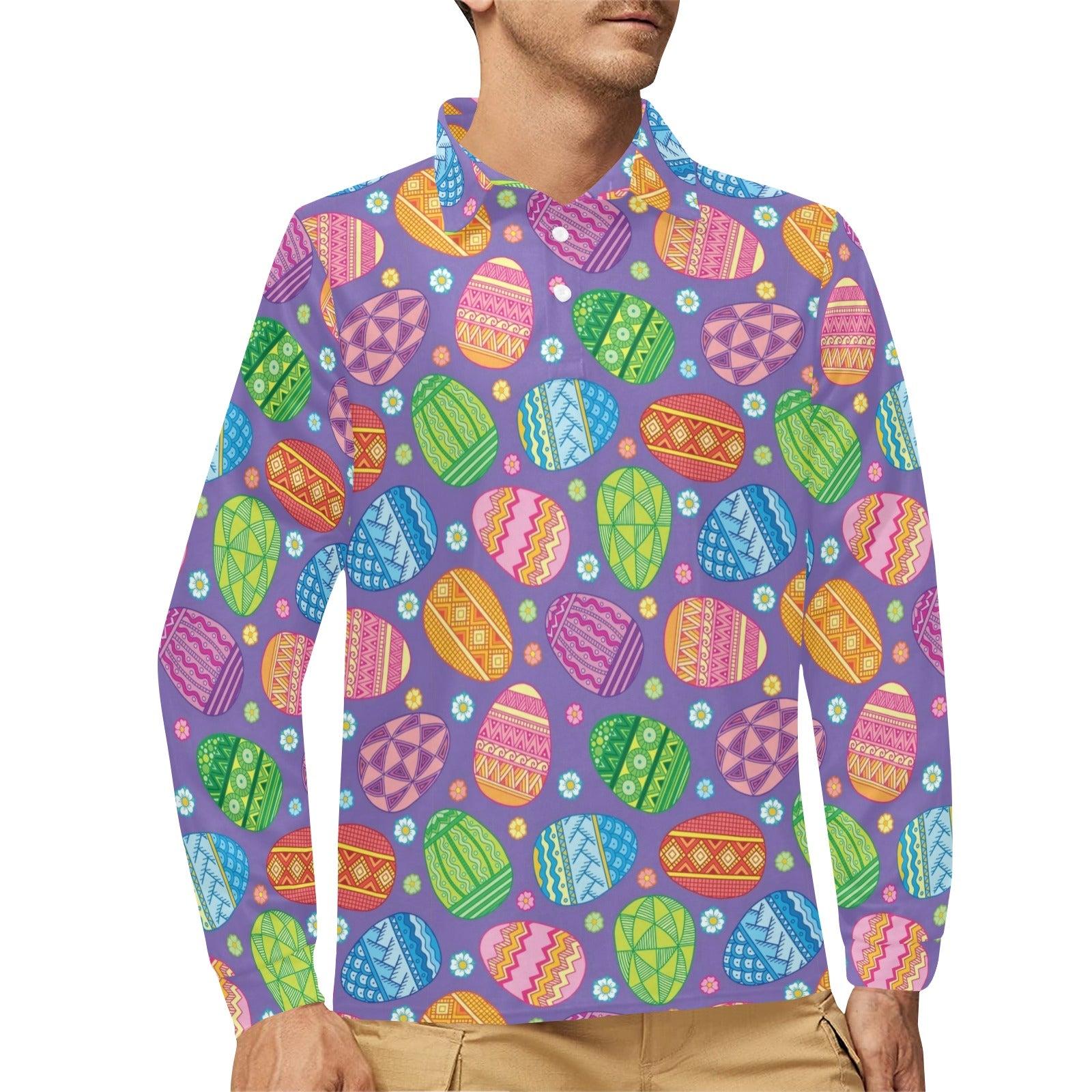 Easter Eggs Pattern Print Design RB010 Long Sleeve Polo Shirt For Men's