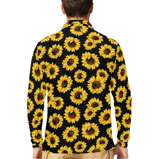 Sunflower Pattern Print Design SF05 Long Sleeve Polo Shirt For Men's