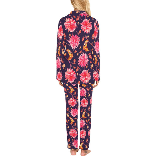 Dahlia Pattern Print Design DH03 Women's Long Pajama Set