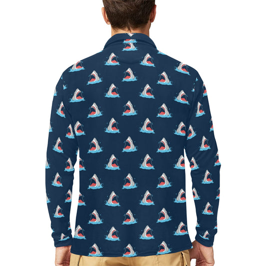 Shark Print Design LKS3010 Long Sleeve Polo Shirt For Men's