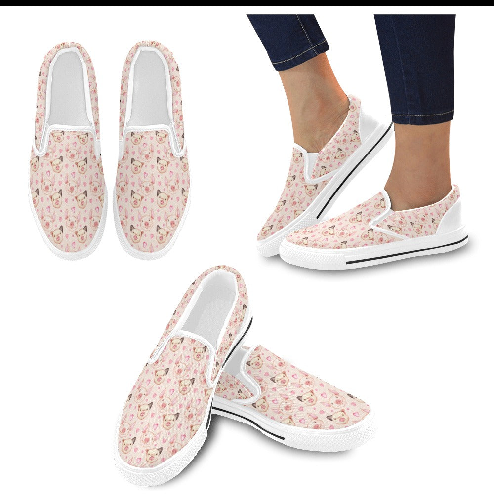 Pig Print Design LKS406 White Slip Ons Canvas Women's Shoes