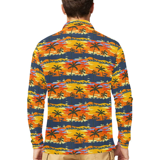 Palm Tree Pattern Print Design PT010 Long Sleeve Polo Shirt For Men's