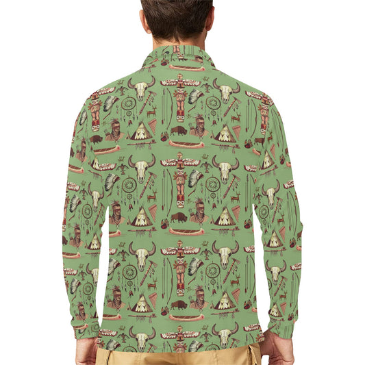 Native Indian Themed Design Print Long Sleeve Polo Shirt For Men's