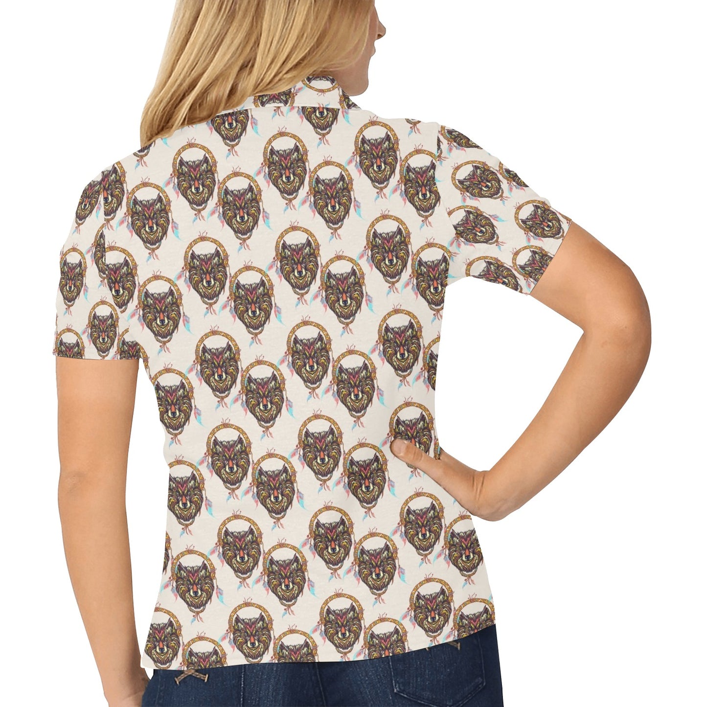 Wolf Tribal Dream Catcher Design Print Women's Polo Shirt