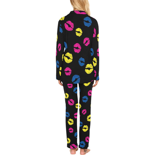 Lip Neon Color Pattern Print Design 01 Women's Long Pajama Set