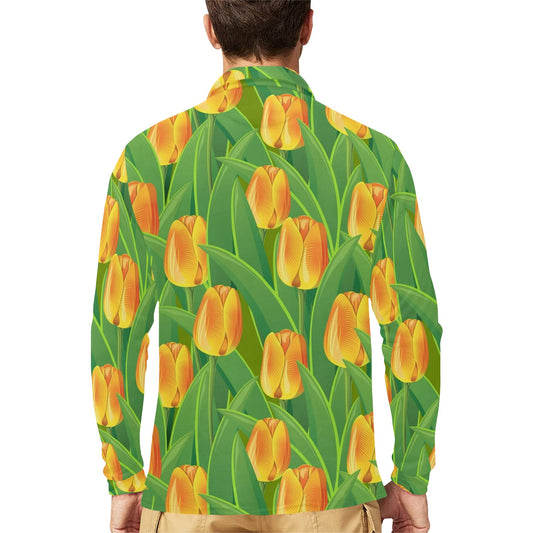 Tulip Orange Pattern Print Design TP07 Long Sleeve Polo Shirt For Men's