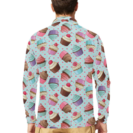 Cupcakes Fancy Heart Print Pattern Long Sleeve Polo Shirt For Men's