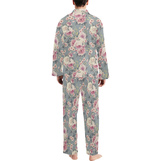 Peony Pattern Print Design PE05 Men's Long Pajama Set