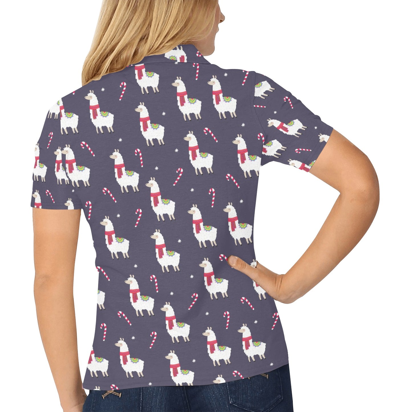 Llama with Candy Cane Themed Print Women's Polo Shirt