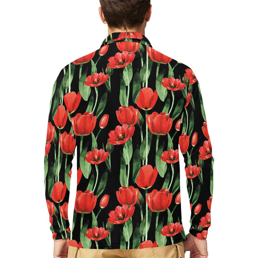Tulip Red Pattern Print Design TP03 Long Sleeve Polo Shirt For Men's