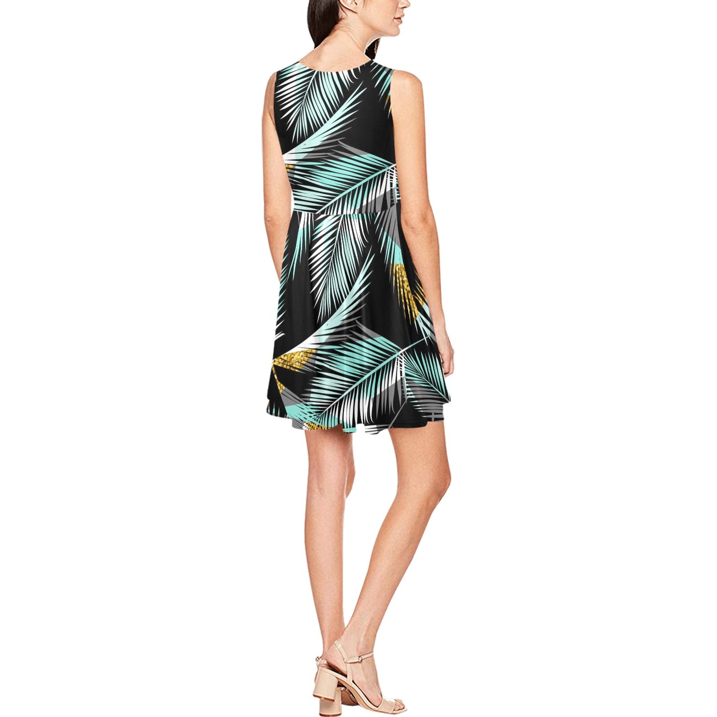 Gold Glitter Cyan Tropical Palm Leaves Sleeveless Dress