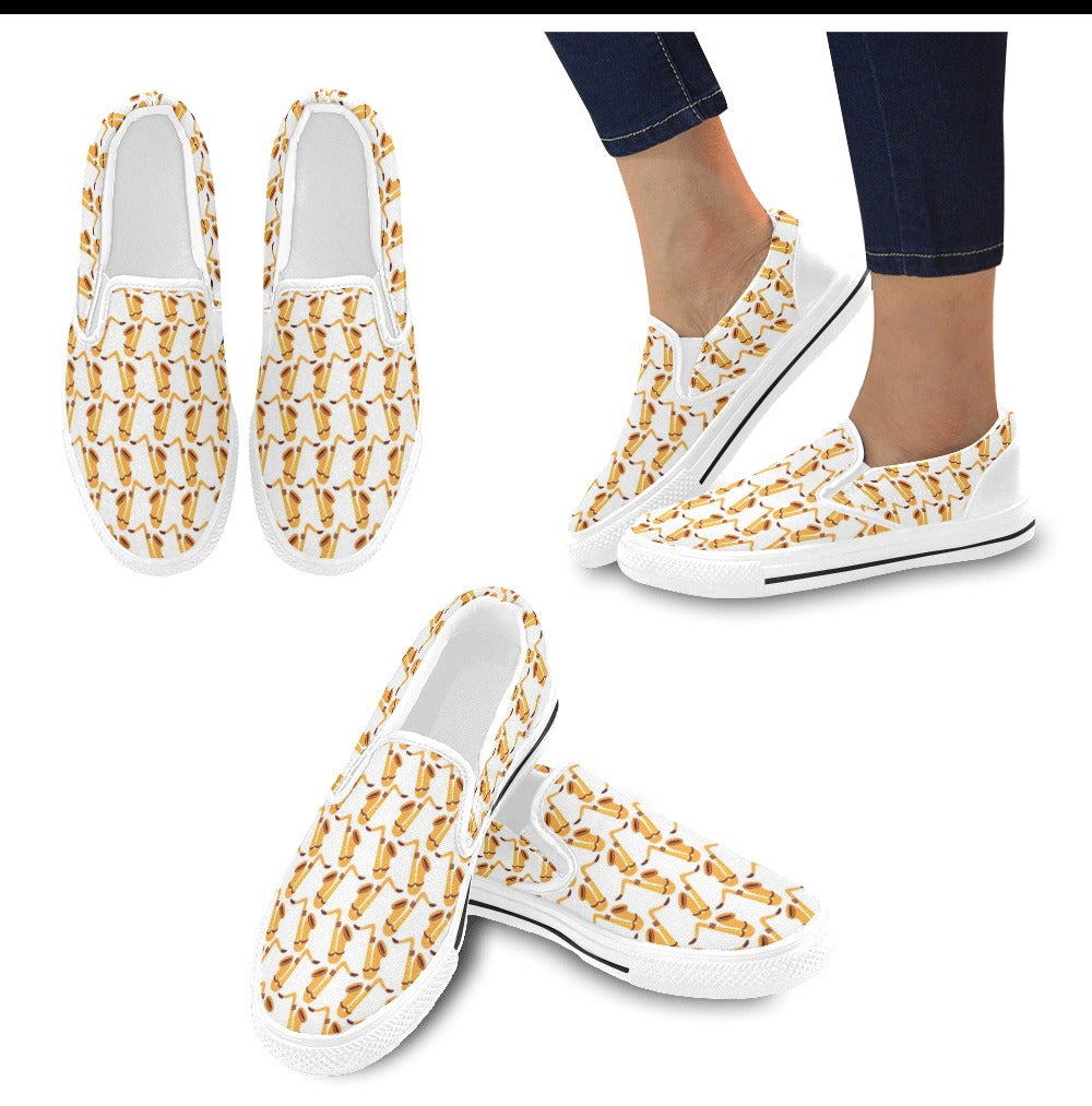 Saxophone Print Design LKS404 White Slip Ons Canvas Women's Shoes
