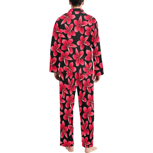 Red Plumeria Pattern Print Design PM025 Men's Long Pajama Set