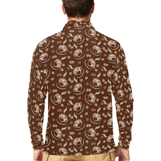 Coffee Pattern Print Design 03 Long Sleeve Polo Shirt For Men's