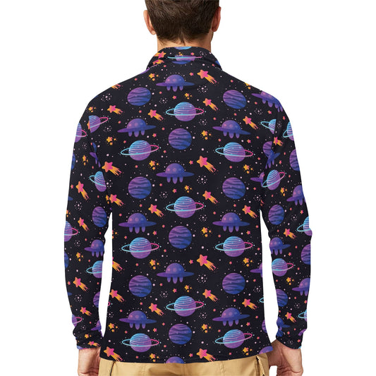UFO Star Galaxy Print Design LKS308 Long Sleeve Polo Shirt For Men's