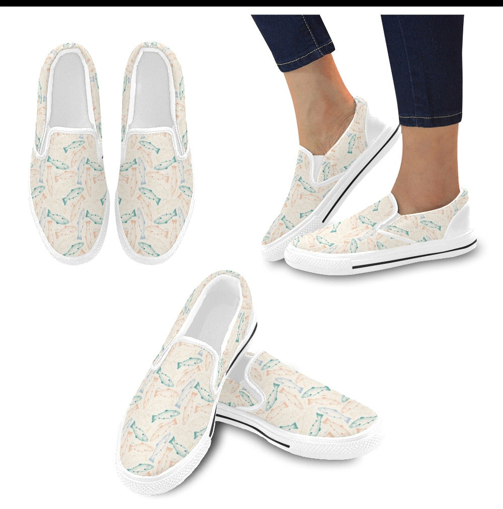 Salmon Fish Print Design LKS305 White Slip Ons Canvas Women's Shoes