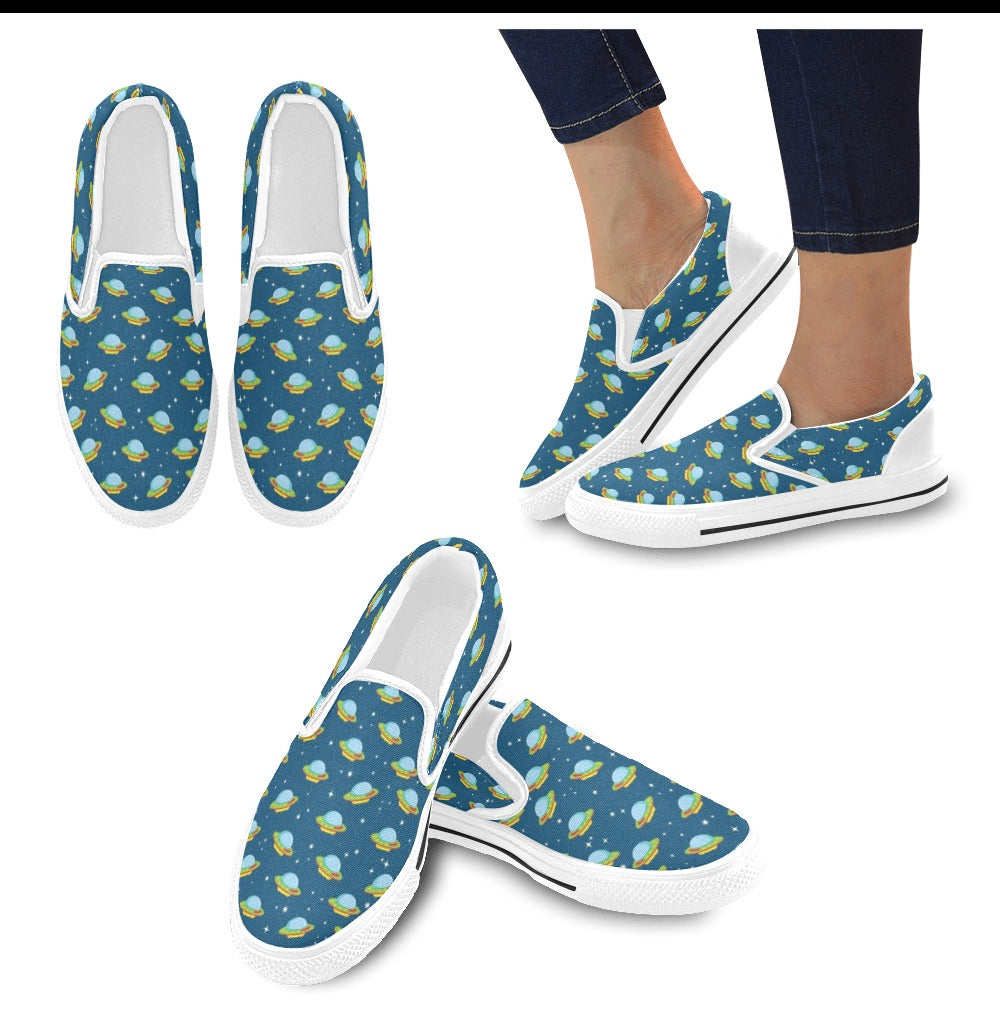 UFO Print Design LKS305 White Slip Ons Canvas Women's Shoes