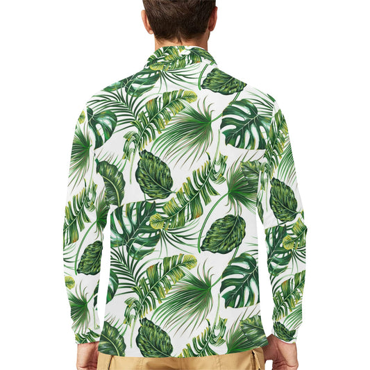 Green Pattern Tropical Palm Leaves Long Sleeve Polo Shirt For Men's