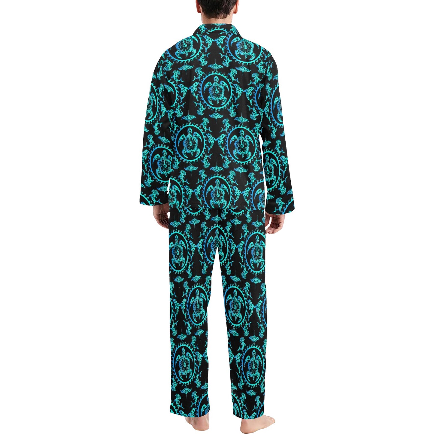 turquoise Tribal Sea Turtle Hawaiian Men's Long Pajama Set