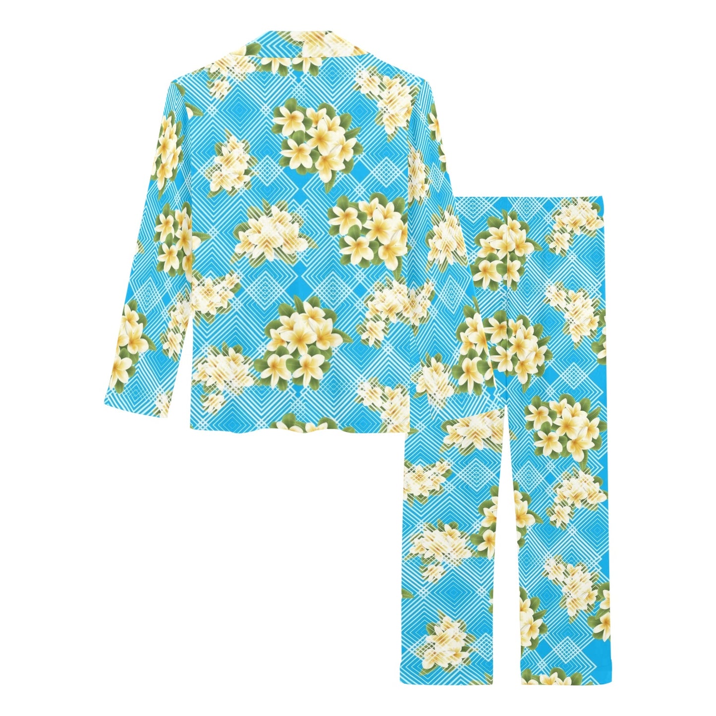 Yellow Plumeria Design Print Pattern Women's Long Pajama Set
