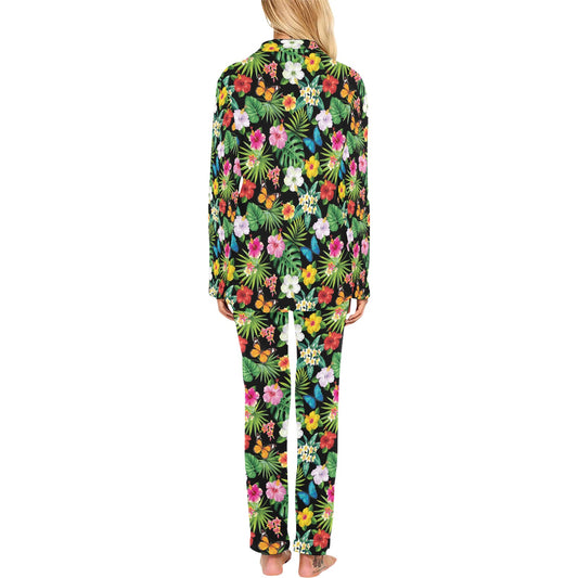 Hibiscus With Butterfly Print Design LKS305 Women's Long Pajama Set
