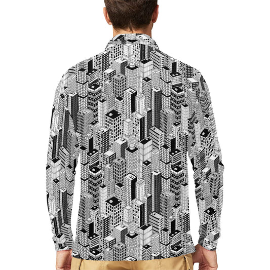 City Pattern Print Design 02 Long Sleeve Polo Shirt For Men's