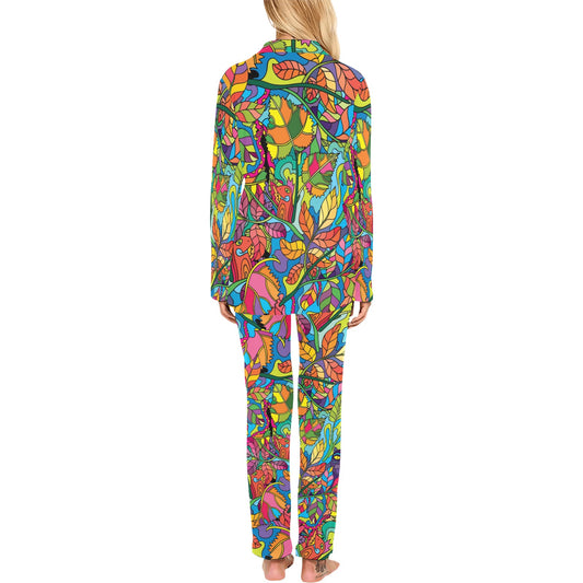 Psychedelic Trippy Flower Print Women's Long Pajama Set